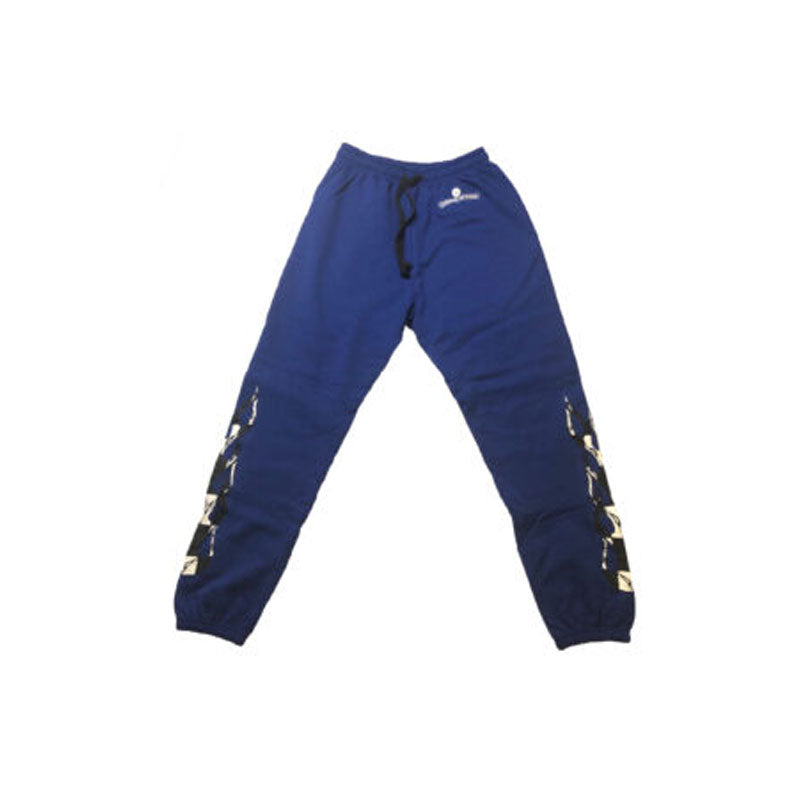 Chrome Hearts blue joggers with white and black checkerboard flame print on leg